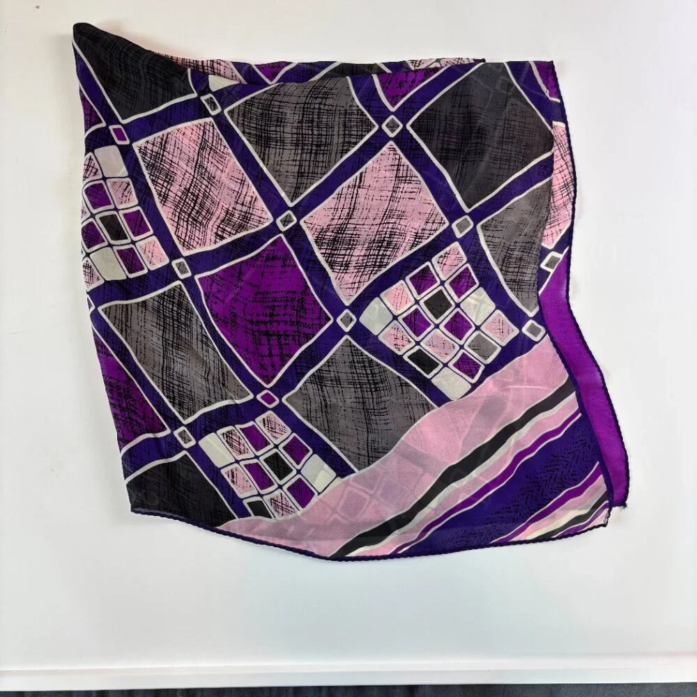 Halston Printed Silk Scarf Hand Rolled Hem Purple Pink Charcoal‎ Abstract